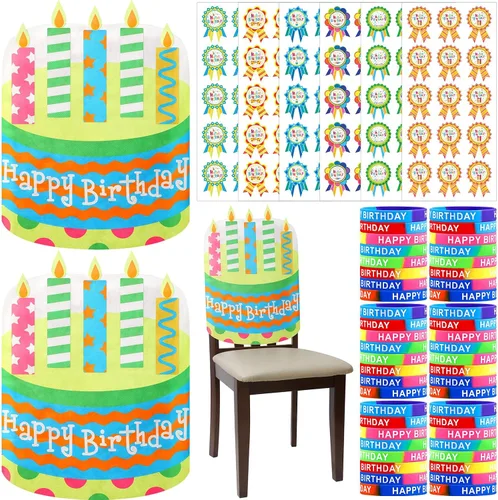 Vista 8 de Ctosree Kit de 140 piezas de cumpleaños para el aula: funda para silla, pulseras de goma, calcomanías de insignia para escuela, estudiantes