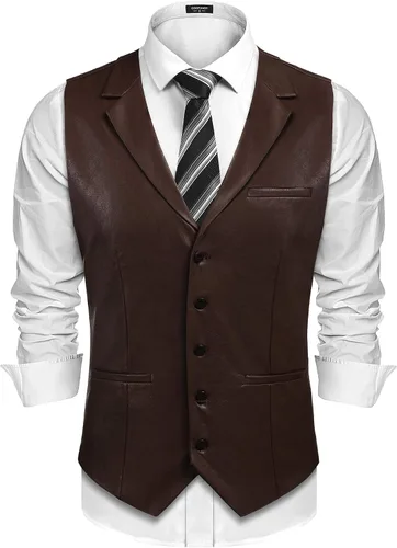 Vista 12 de COOFANDY Chaleco de Traje de Cuero para Hombre de Corte Ajustado Chaleco Occidental Casual Chaqueta Chaleco Ligero con Cuello en V Chalecos