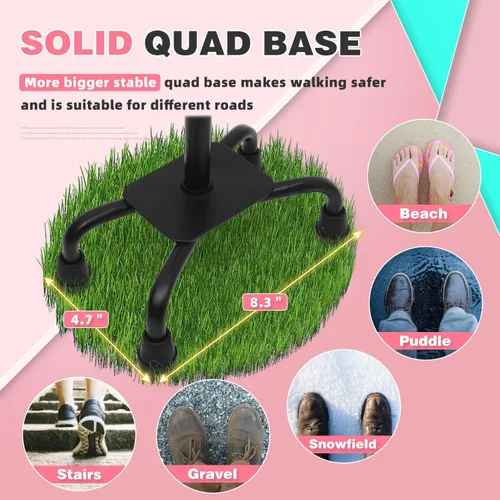 Vista 4 de Bastón BeneCane de cuatro puntas con dos luces LED con base grande, mango en T y ligereza, bastón ajustable para caminar de cuatro puntas resistente