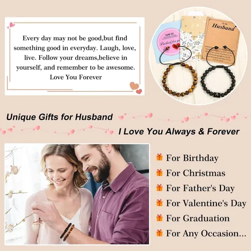 Vista 5 de MONOZO Regalos para el día del padre regalos para hombres y niños, 0.315 in, ojo de tigre y ágata negra, pulsera inicial con cuentas de piedra