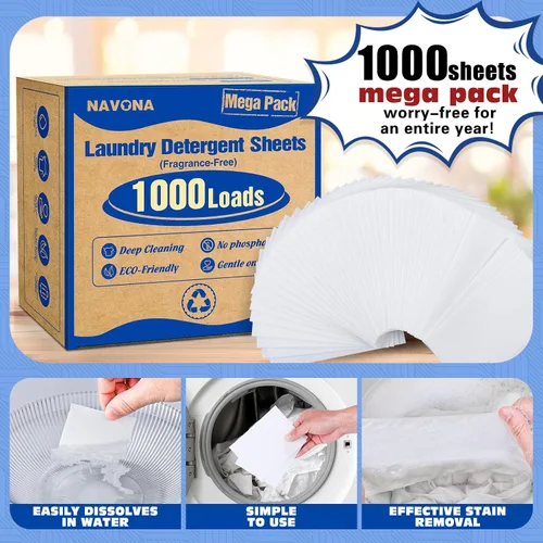 Vista 2 de Paquete Mega de 1000 Cargas de Hojas de Detergente para Ropa, Hojas de Lavandería Ecológicas, Limpieza Potente, Adecuadas para Hogares, Dormitorios