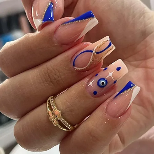 Vista 7 de Uñas postizas francesas a presión, uñas postizas largas de acrílico con forma de ataúd de cobertura completa, uñas postizas de bailarina