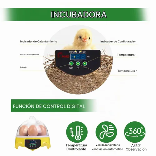 Vista 2 de 360° View Incubadora de aves de corral de 7 huevos para incubar huevos de pollo, pato, ganso, loro y codorniz, con control de temperatura