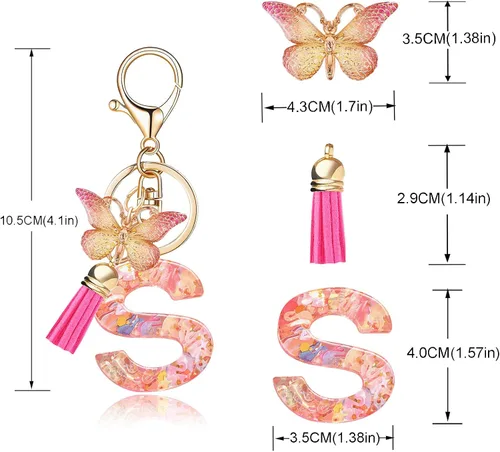 Vista 3 de OKAICEN Llavero con letra inicial del alfabeto de moda, llavero con colgante de mariposa y borla roja rosa para bolso de mano para mujeres y niñas