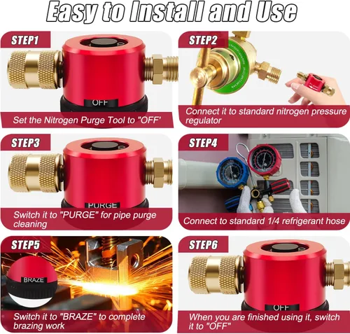 Vista 3 de Herramienta de purga de nitrógeno (actualizada), regulador de nitrógeno con modos PURGA y BRAZE, regulador de purga de nitrógeno HVAC ajustable