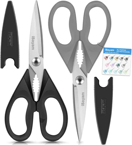 Vista 18 de iBayam Tijeras de cocina multiusos con funda protectora, tijeras de acero inoxidable duraderas, aptas para lavavajillas, mango cómodo de agarre suave