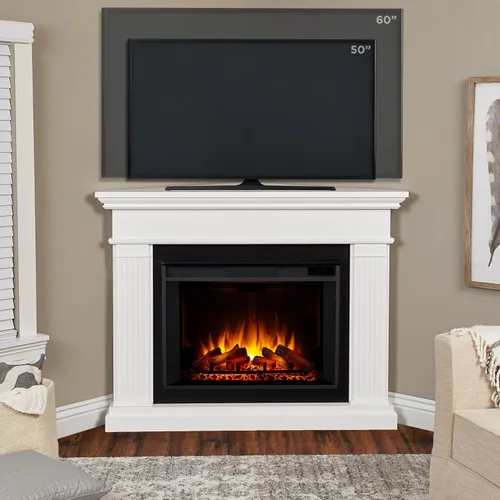 Vista 2 de Real Flame Kennedy Grand Corner Chimenea eléctrica con repisa para sala de estar o dormitorio, calentador reemplazable, efecto realista de troncos