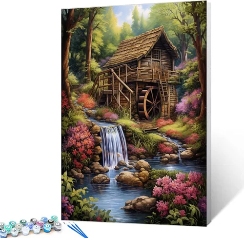 Vista 11 de Tucocoo Pintura de cabaña forestal por números para adultos, kits de pintura al óleo digital sobre lienzo con pinceles y pigmento acrílico, rueda