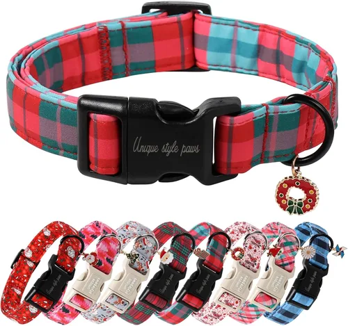 Vista 14 de Collar de perro de Navidad de Unique Style Paws con hebilla de plástico y colgante, a cuadros rojo y negro, collares de algodón para cachorros