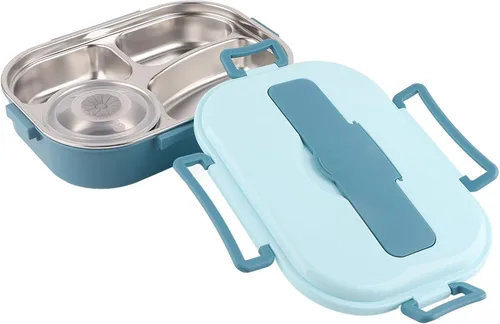 Vista 9 de Yosoo Lonchera de acero inoxidable, caja Bento portátil de 4 rejillas, contenedor de almacenamiento de alimentos para adultos, la tapa contiene Azul