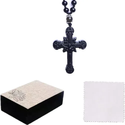 Vista 7 de Collar con dije de cruz de obsidiana negra, cristal curativo de obsidiana natural, piedra de energía, amuleto, para mujeres, hombres, niñas, niños