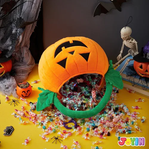 Vista 2 de JOYIN Cubo de felpa de calabaza de Halloween, bolsa de dulces de 11 x 13.4 pulgadas, bonita cesta de Halloween con asa para niños, niñas, niños