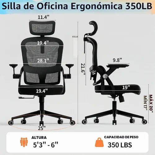 Vista 2 de Silla de oficina ergonómica, sillas de escritorio cómodas de 350 libras con reposacabezas ajustable y soporte de espalda lumbar, sillas