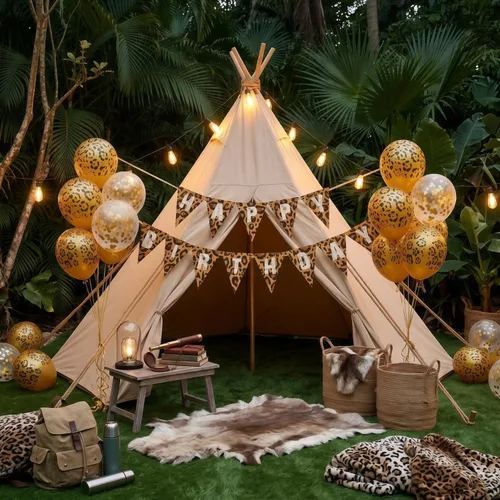 Vista 5 de Decoraciones de cumpleaños con estampado de guepardo y leopardo, suministros de fiesta temática de selva de safari con pancarta de feliz cumpleaños