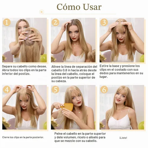 Vista 8 de SEGO Toppers para el cabello para mujer, cabello humano real con flequillo, base de seda de 2.8 x 5.1 in, 100% cabello humano Remy, clip en la parte