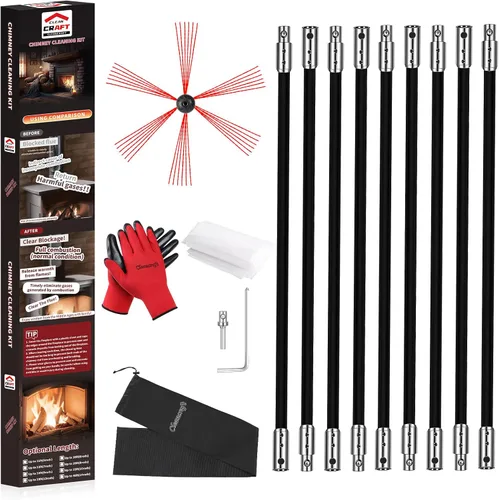 Vista 12 de Kit de limpieza de chimeneas de 16 pies, kit de limpieza de chimenea con 5 varillas de chimenea flexibles de nailon negro, sistema de limpieza
