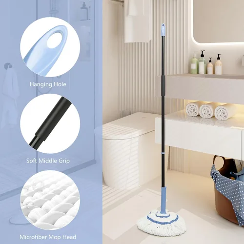 Vista 4 de Trapeador giratorio para limpieza de suelos, mango largo de 57 pulgadas de largo, trapeador de microfibra resistente para trapear en azulejos