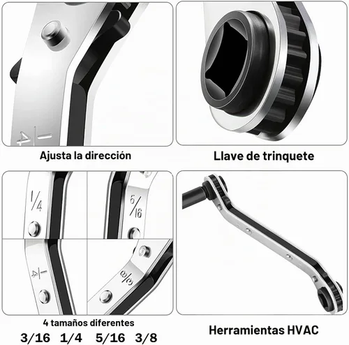 Vista 3 de Llaves de servicio HVAC: Llave de trinquete de válvula de aire acondicionado de 3/16” a 3/8” 5/16’’ x 1/4’’ con kit de adaptador de 2 bits