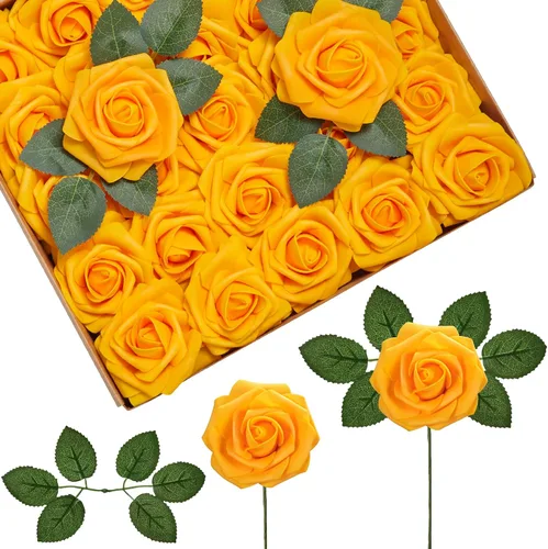 Vista 14 de InnoGear Flores artificiales, paquete de 50 unidades, rosas artificiales de espuma negras con tallos a granel para decoración, ramos de boda DIY