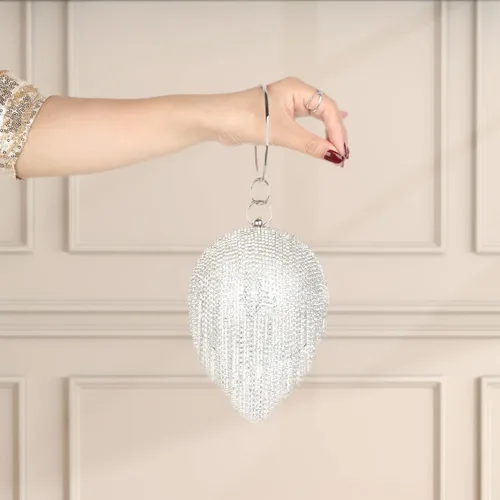 Vista 2 de Bolso de mano redondo de cristal para mujer, con borla, para fiesta de boda Oro