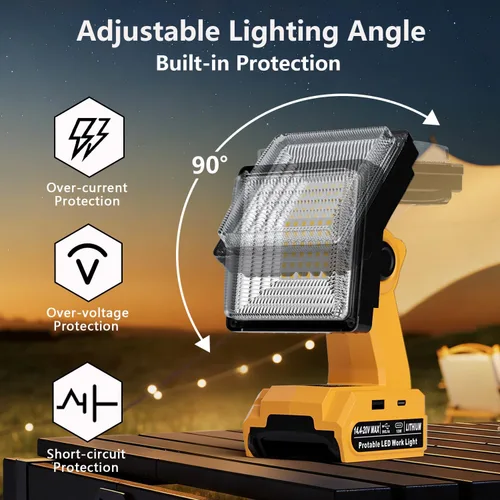Vista 4 de DTEZTECH Luz de trabajo LED para batería Dewalt de 20 V máximo, luz de inundación portátil inalámbrica de 25 W 1500 LM con cabezal giratorio de 90°
