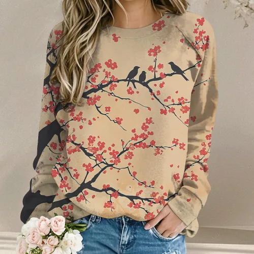 Vista 2 de ZOCANIA Sudaderas para mujer, sin capucha, manga larga, cuello redondo, estampado floral, ajuste holgado
