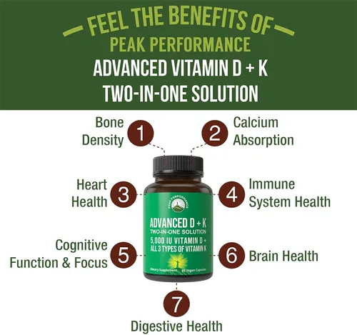 Vista 2 de Peak Performance Vitamina D avanzada de 5000 UI con los 3 tipos de vitamina K, vitamina D3 y vitamina K2, K1, MK-7 (MK7), suplemento MK4. 60