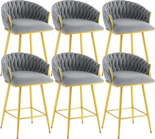 Vista 13 de Taburetes de bar giratorios de altura de mostrador, juego de 2 taburetes de bar modernos de terciopelo, sillas de bar tapizadas con respaldo tejido