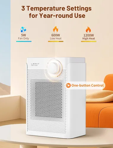 Vista 4 de Calentador de espacio eléctrico Lerat, calentador pequeño para uso en interiores, 1200W PTC de calentamiento rápido portátil, protección contra