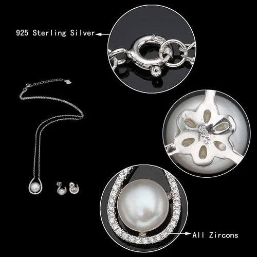 Vista 5 de EVER FAITH Woman's 925 Sterling Silver Cubic Zirconia AAA Freshwater Cultured Pearl Necklace Earrings Set Birthday Mother's Day Jewlery Gift for