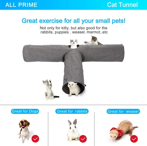 Vista 8 de Ownpets Túnel para gatos, túnel plegable de 3 vías, tubo para gatos de 47 pulgadas de largo con bola de felpa y juguete de plumas, túnel de juego