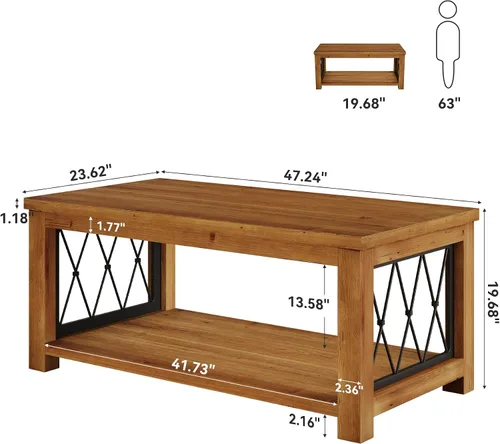 Vista 2 de Mesa auxiliar de madera maciza de 47.2 pulgadas, diseño de almacenamiento de 2 niveles, mesa de cóctel central rectangular de granja, marco de metal