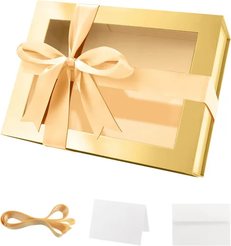 Vista 11 de PACKQUEEN Caja de regalo grande negra con ventana, 13.5 x 9 x 4.1 pulgadas, caja de regalo transparente para regalo, contiene cinta, tarjeta, caja