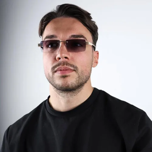 Vista 3 de Lentes de sol rectangulares con marco de metal dorado sin montura morada para mujeres y hombres, estilo vintage, hip hop, años 90, protección UV