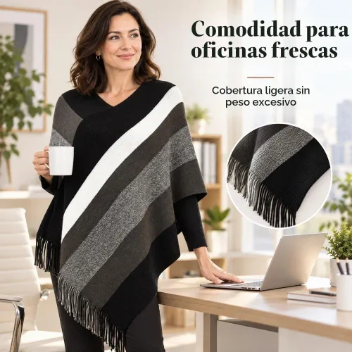 Vista 5 de Ferand Suéter tipo poncho a rayas para mujer, acogedor chal de punto con flecos para otoño e invierno Negro & gris