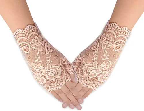 Vista 4 de obmwang 2 pares de guantes de encaje para mujer, guantes florales sin dedos, guantes de graduación para boda, fiesta, accesorios de disfraces