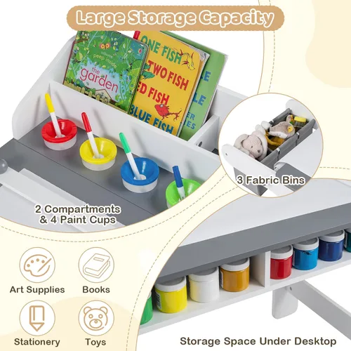 Vista 4 de Costzon Mesa y silla de arte para niños, mesa de madera para manualidades con rollo de papel y contenedores de tela para dibujar, leer, estudiar