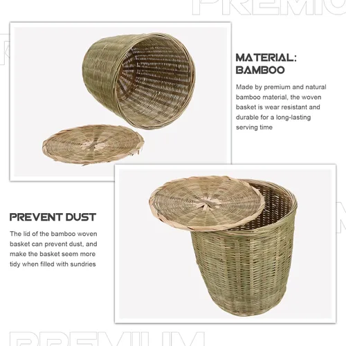 Vista 6 de PRETYZOOM Cesta tejida de bambú versátil con tapa, almacenamiento multiusos para juguetes de basura y artículos diversos, material natural