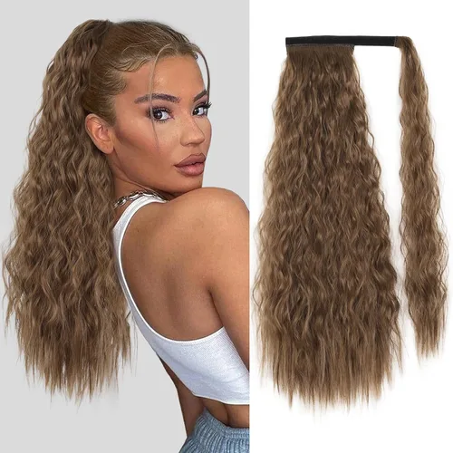 Vista 16 de Extensión de cola de caballo larga con ondas de maíz, pasta mágica, resistente al calor, ondulada, sintética, envolvente, extensión de cola