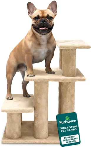 Vista 12 de Furhaven Steady Paws - Escaleras para mascotas de varios pasos para camas altas y sofás, color marrón, 3 escalones