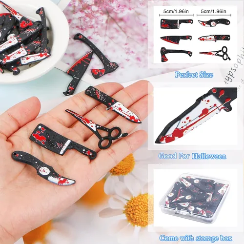 Vista 2 de MIKIMIQI 24 dijes de cuchillos falsos, colgante de Halloween, mini cuchillos de resina para mujeres, manualidades, manualidades, dijes de Halloween