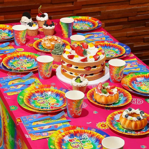 Vista 4 de 172 piezas de suministros para fiesta de cumpleaños de teñido anudado sirven para 24 personas y 60 años 60, decoración de fiesta temática hippie