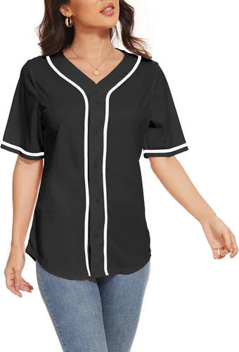 Vista 2 de Camisetas de béisbol para mujer, con botones, cuello en V, para sóftbol, uniforme de equipo, a la moda, simple, con rayas anchas, manga corta