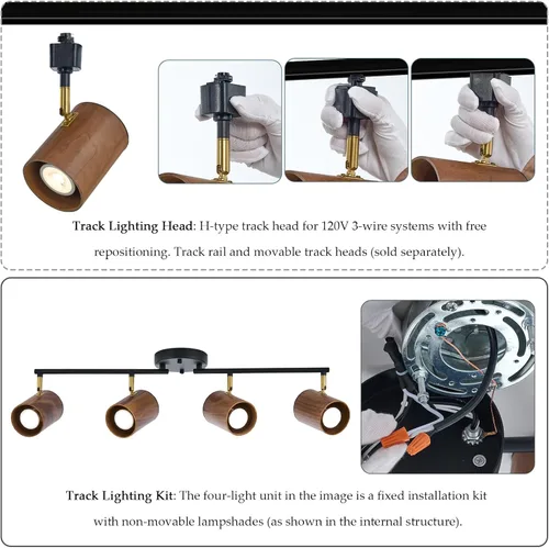 Vista 5 de BISAMIYA - Kit moderno de iluminación de riel de 4 luces, negro mate y madera oscura Accesorio ajustable, giratorio de latón, luz de techo