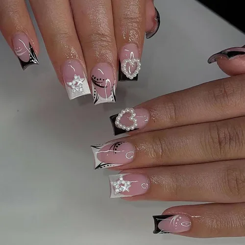 Vista 22 de Uñas postizas cortas cuadradas MABKJLF, uñas francesas falsas con gradiente, uñas de cobertura completa, flores blancas, uñas falsas con diseños