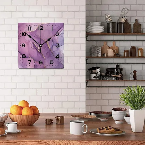 Vista 4 de Reloj de pared de madera de 15 pulgadas, funciona con pilas, digital morado y dorado con textura de purpurina cuadrada, reloj de pared