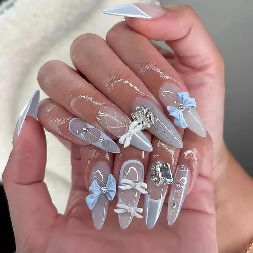 Vista 9 de RTKHFZE Uñas postizas a presión con forma de ataúd de almendra, uñas postizas medianas a presión para primavera y verano, con diseños de flores