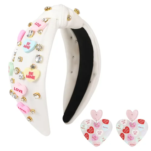 Vista 8 de Diademas de corazón de caramelo para el día de San Valentín para mujer, diadema de corazón de conversación de amor con diamantes de imitación