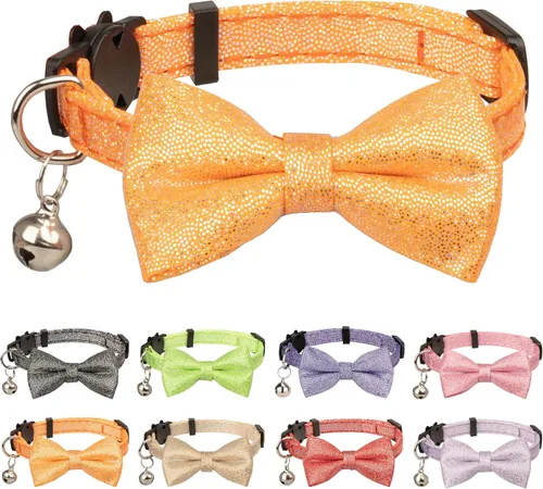 Vista 5 de Collar de gato con pajarita brillante para gatos, campanilla, fiesta, boda, fiesta, brillante, 7-11 pulgadas, niña, niño, mascota, color liso