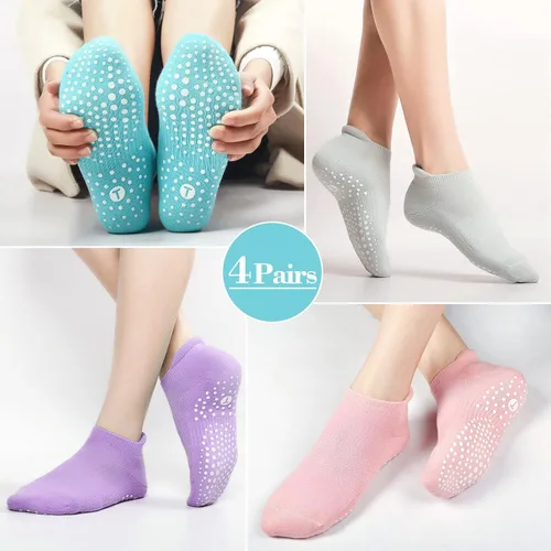 Vista 4 de Grip Socks for Pilates, Yoga, Hospital, Barre, Cushioned Ankle Sports Socks Women Non Slip Slipper Socks 4 Pairs